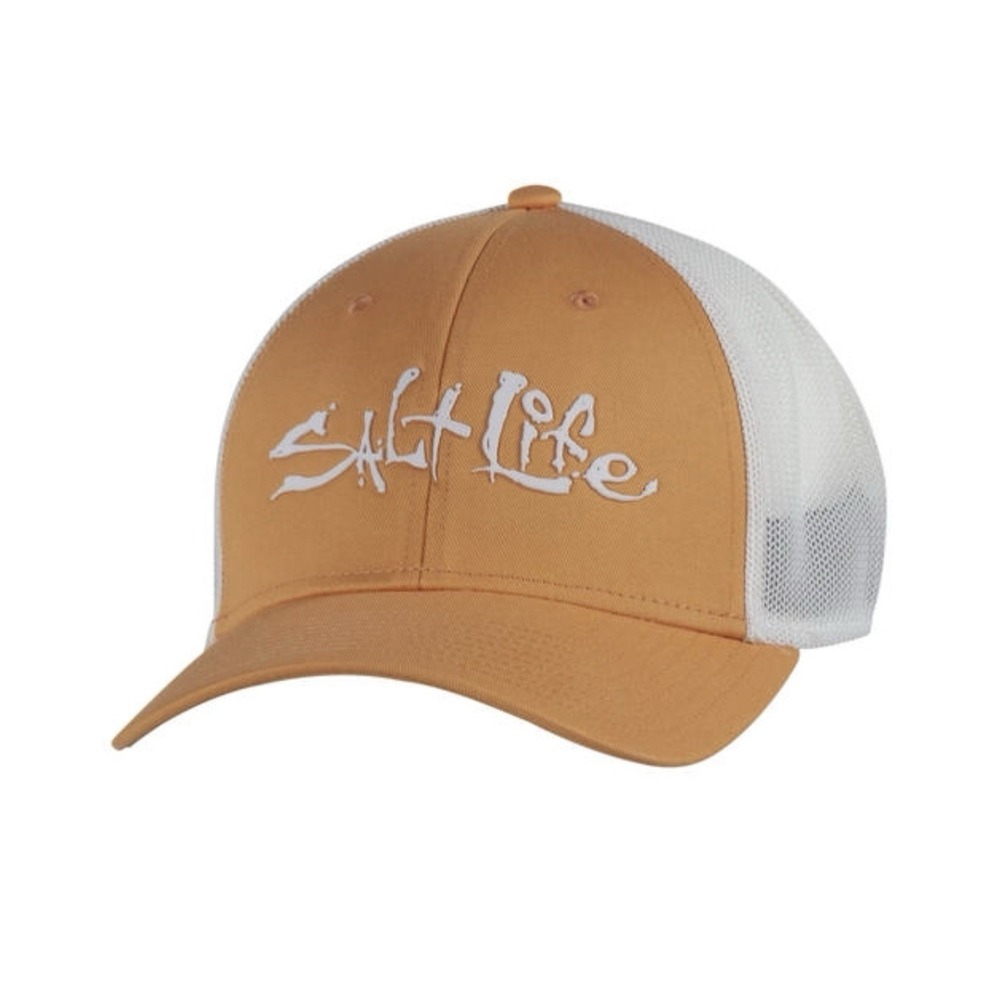 Salt Life Hat Fitted Mens One Size Orange/Grapefruit White Mesh Flexfit Fishing